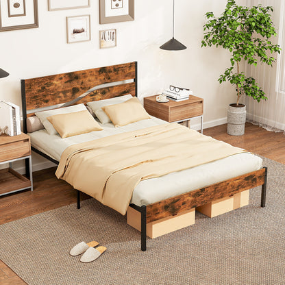 Modern Industrial Bed Frame with Sturdy Metal Slats and Wood Accents, Full Size