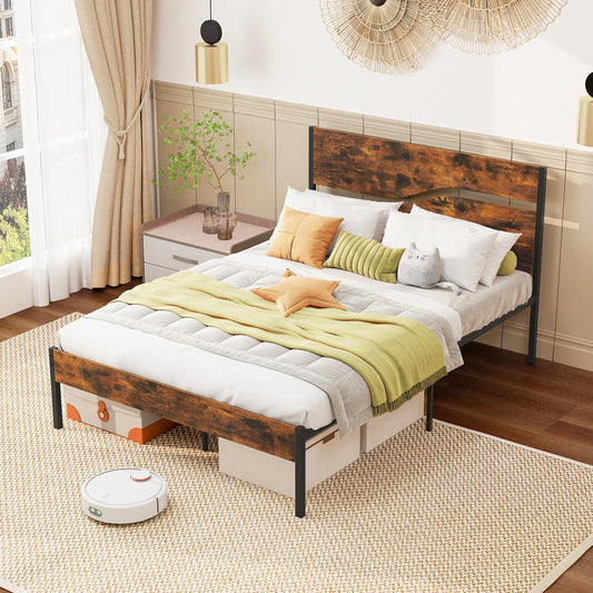 Modern Industrial Bed Frame with Sturdy Metal Slats and Wood Accents, Full Size
