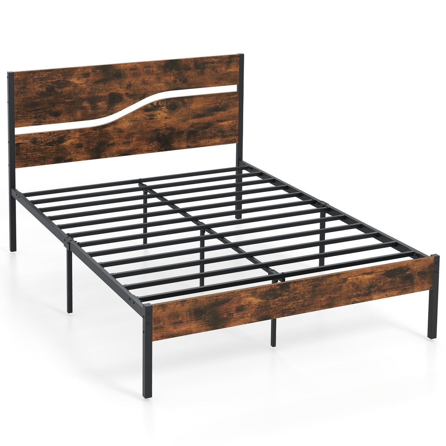 Modern Industrial Bed Frame with Sturdy Metal Slats and Wood Accents, Full Size