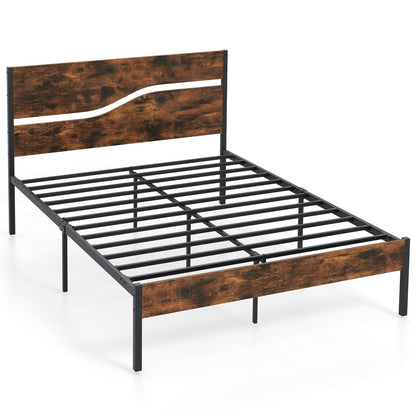 Modern Industrial Bed Frame with Sturdy Metal Slats and Wood Accents, Full Size