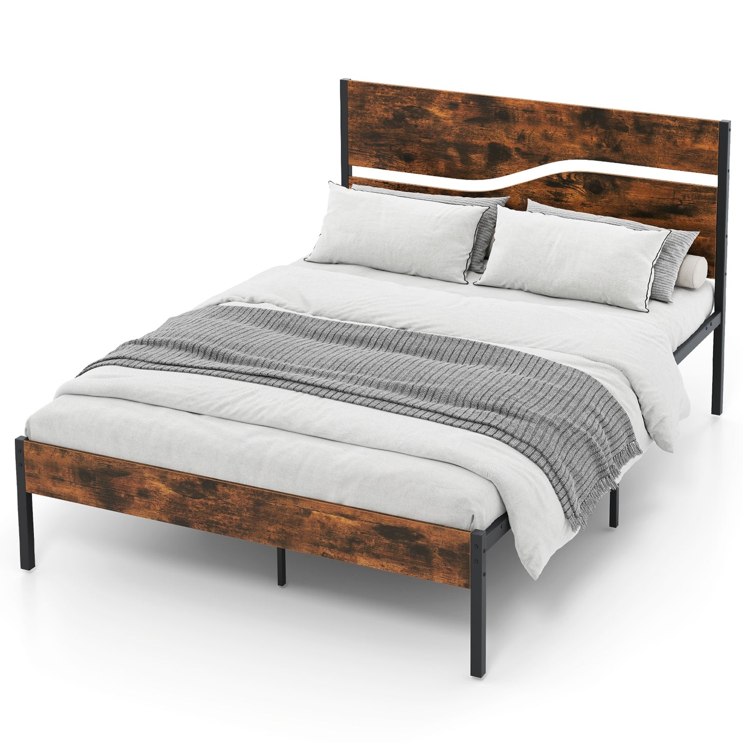 Modern Industrial Bed Frame with Sturdy Metal Slats and Wood Accents, Full Size