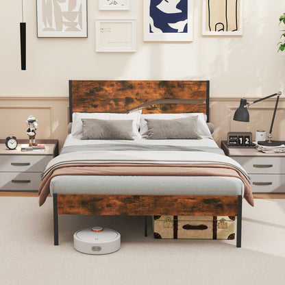 Modern Industrial Bed Frame with Sturdy Metal Slats and Wood Accents, Full Size