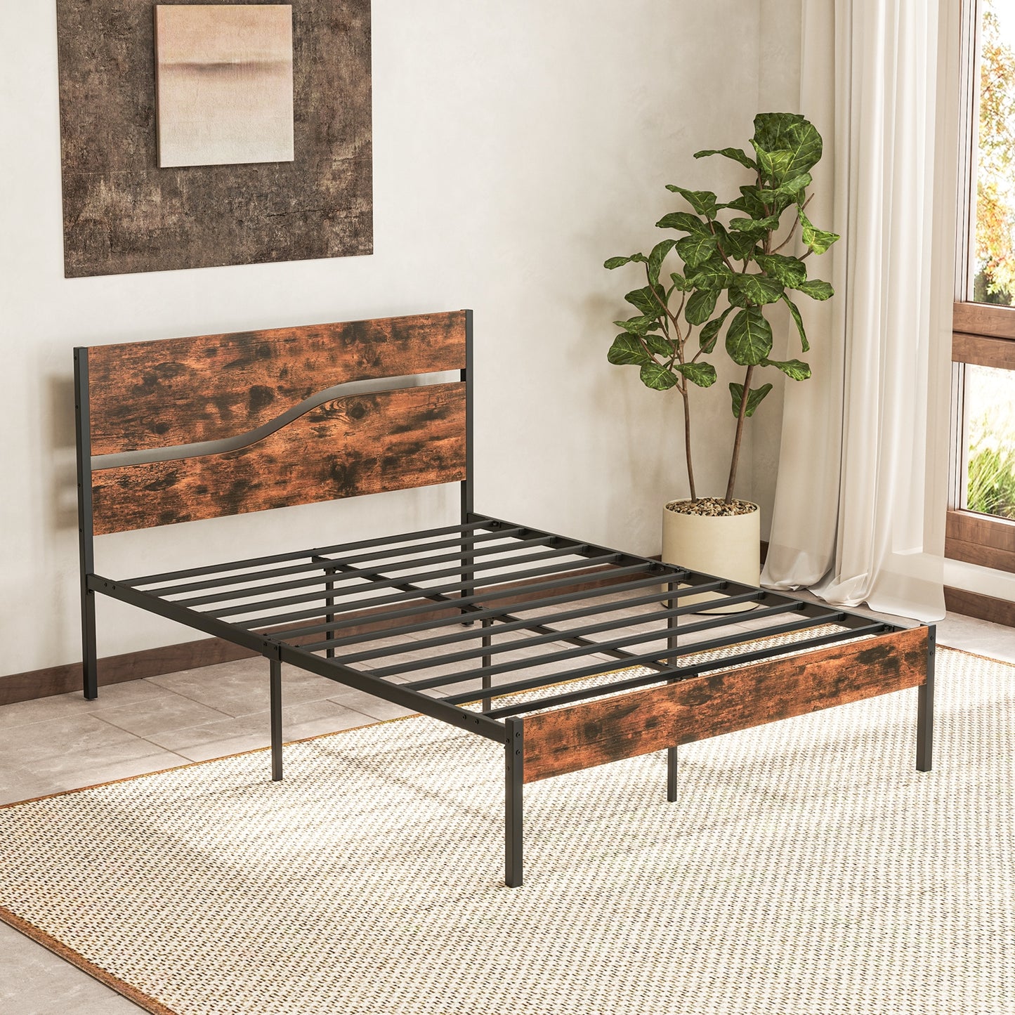 Modern Industrial Bed Frame with Sturdy Metal Slats and Wood Accents, Full Size