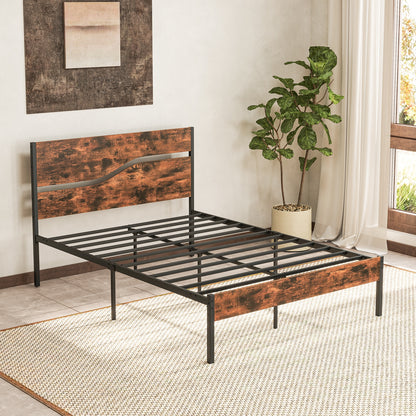 Modern Industrial Bed Frame with Sturdy Metal Slats and Wood Accents, Full Size