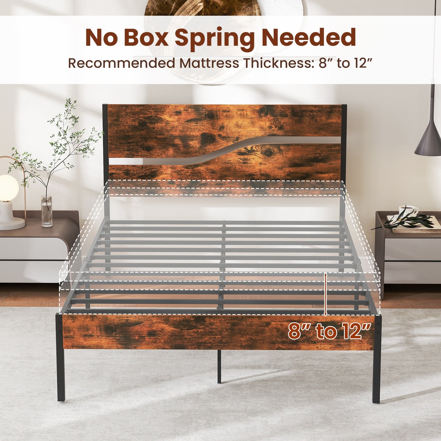 Modern Industrial Bed Frame with Sturdy Metal Slats and Wood Accents, Full Size