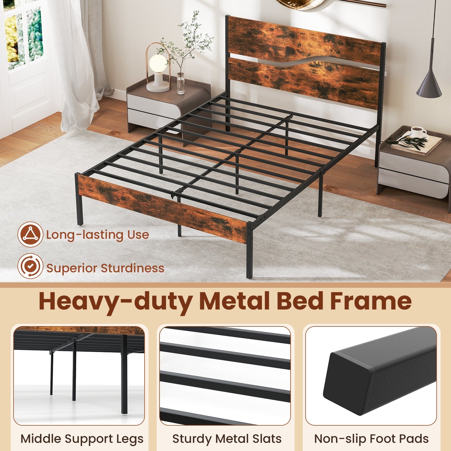 Modern Industrial Bed Frame with Sturdy Metal Slats and Wood Accents, Full Size