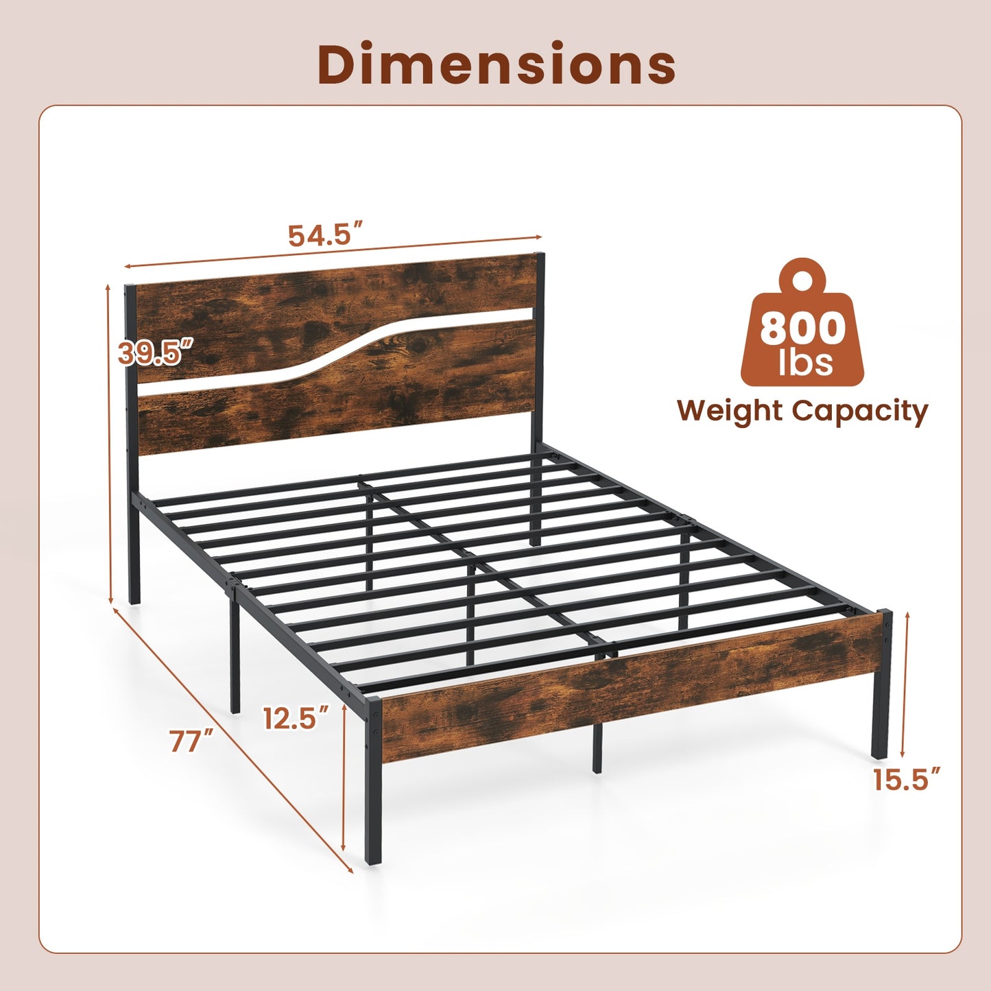 Modern Industrial Bed Frame with Sturdy Metal Slats and Wood Accents, Full Size