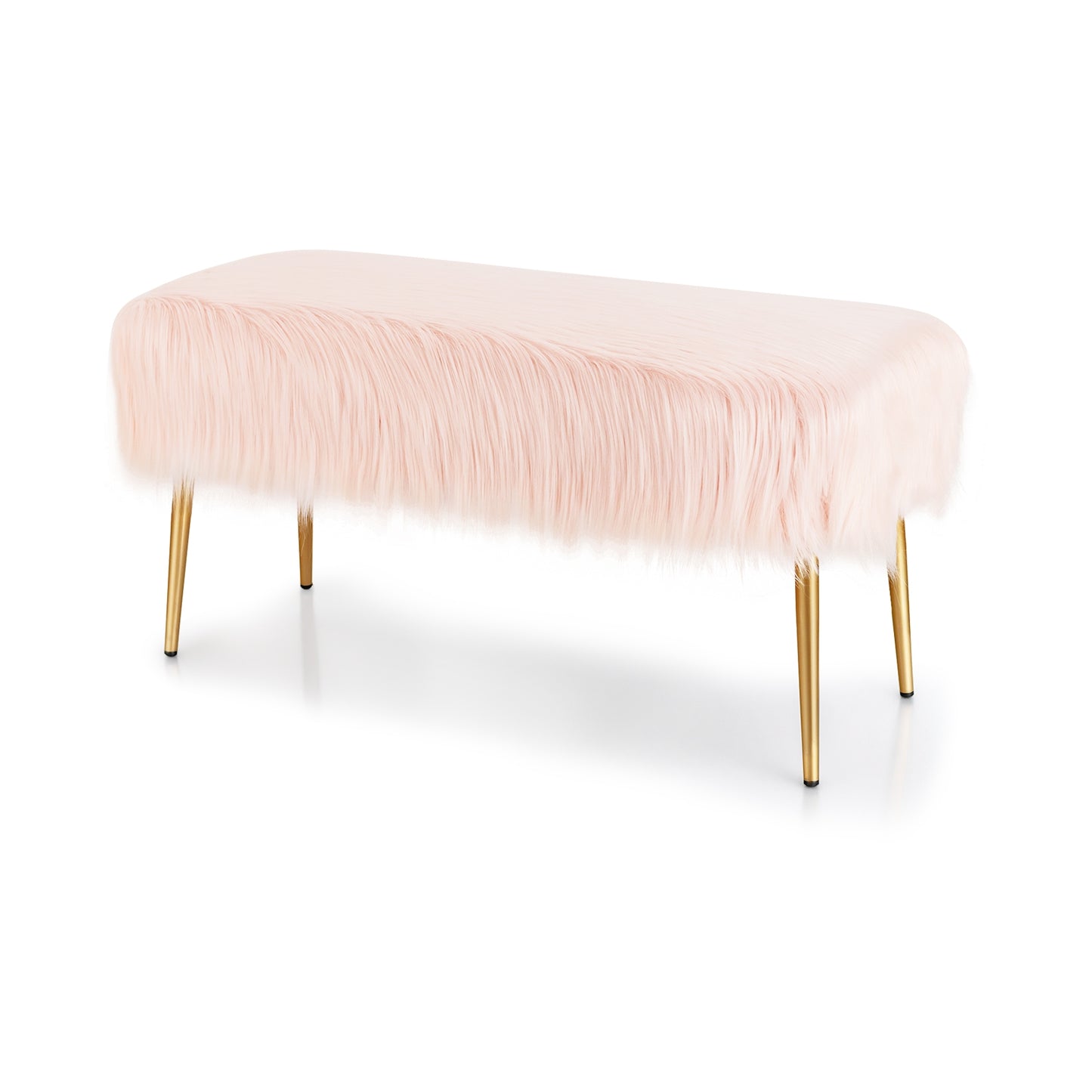 Plush Faux Fur Vanity Stool with Elegant Gold Metal Legs in Pink