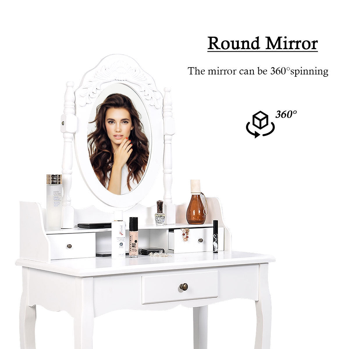Elegant Vanity Table with Rotating Mirror and Storage Drawers