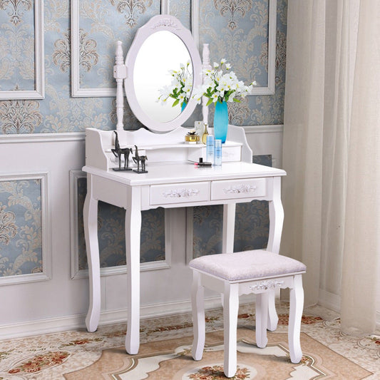 Classic Vanity Makeup Table Set with 360° Mirror, Drawers, and Stool – Solid Wood Frame