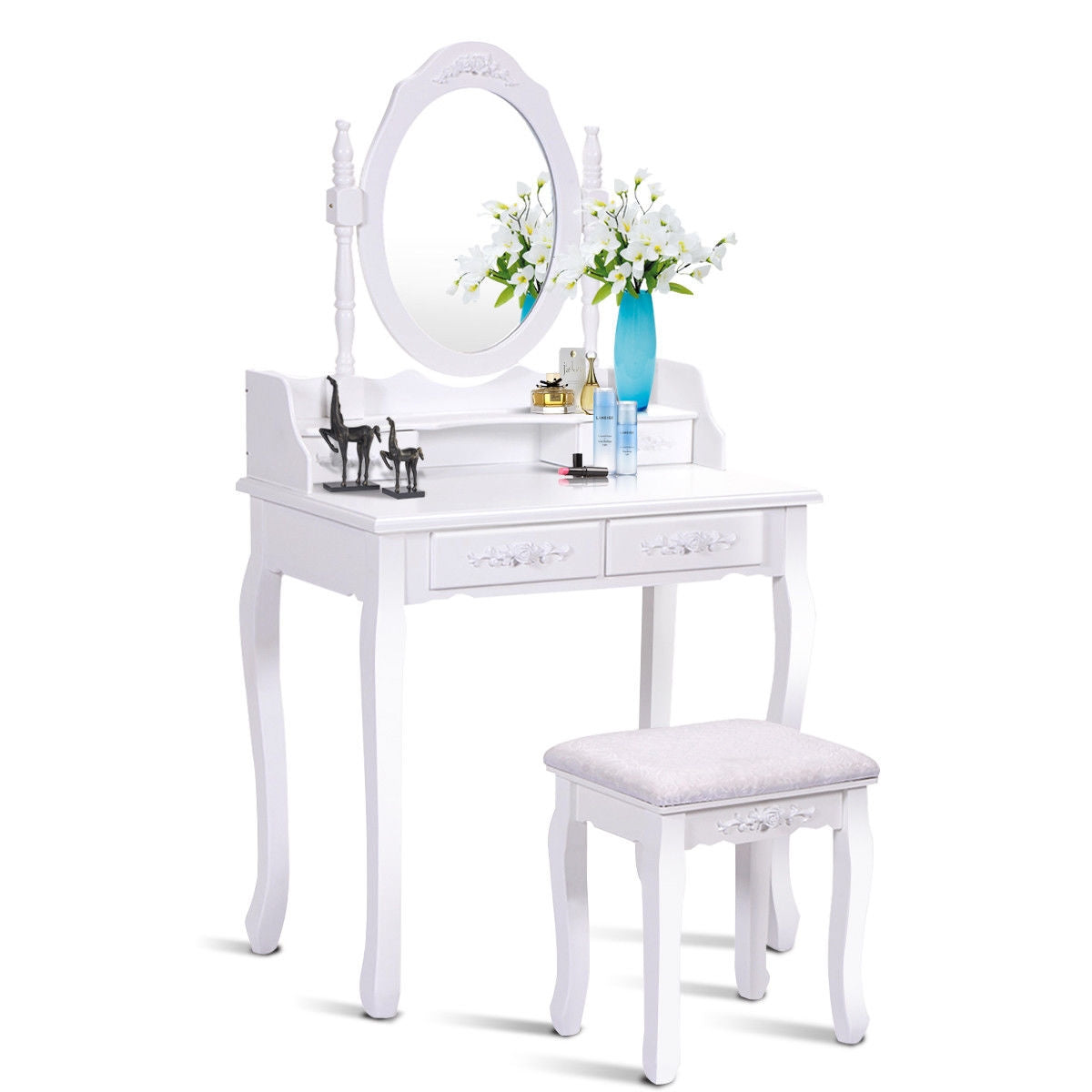 Classic Vanity Makeup Table Set with 360° Mirror, Drawers, and Stool – Solid Wood Frame