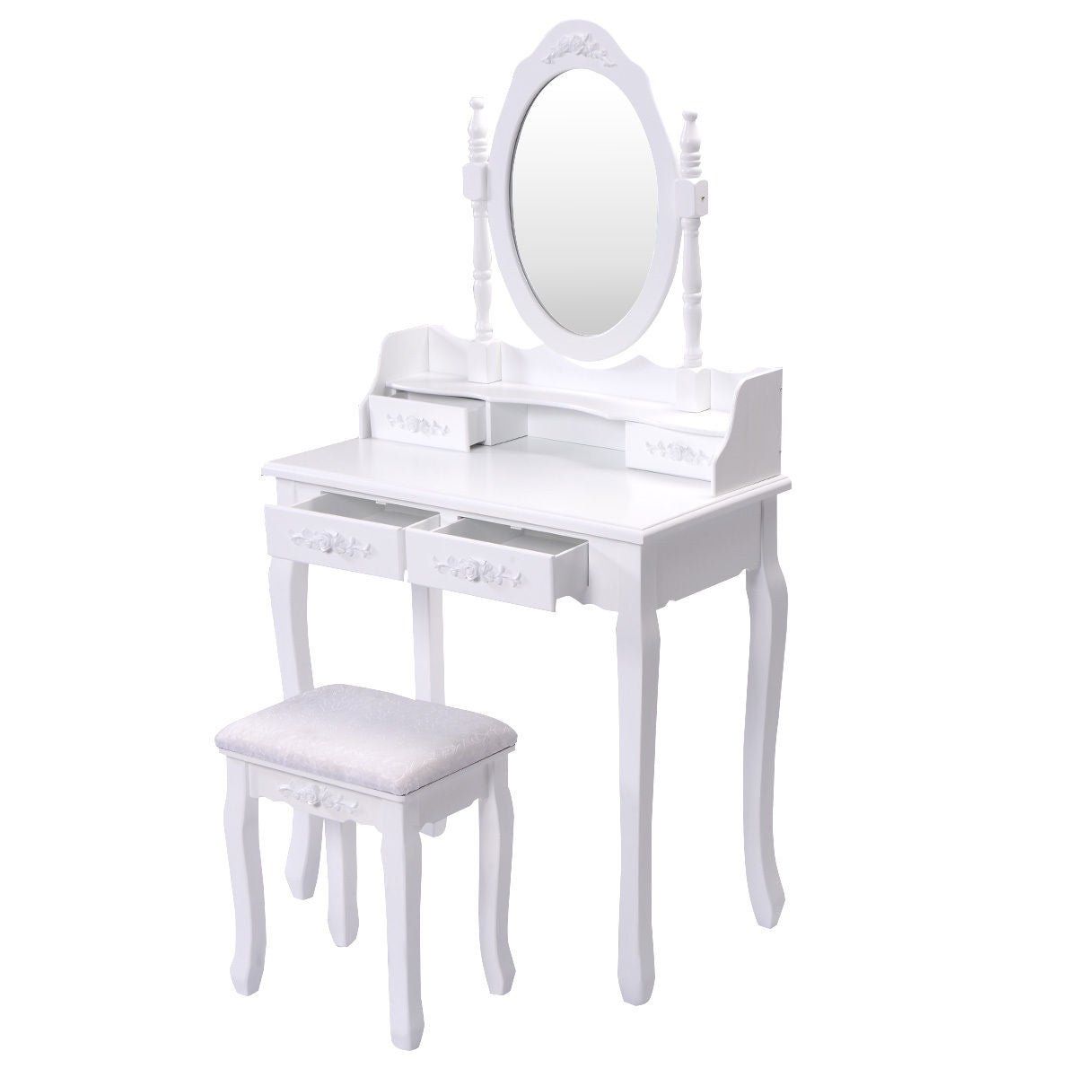 Classic Vanity Makeup Table Set with 360° Mirror, Drawers, and Stool – Solid Wood Frame