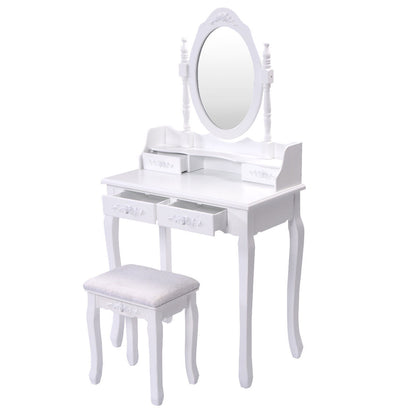 Classic Vanity Makeup Table Set with 360° Mirror, Drawers, and Stool – Solid Wood Frame