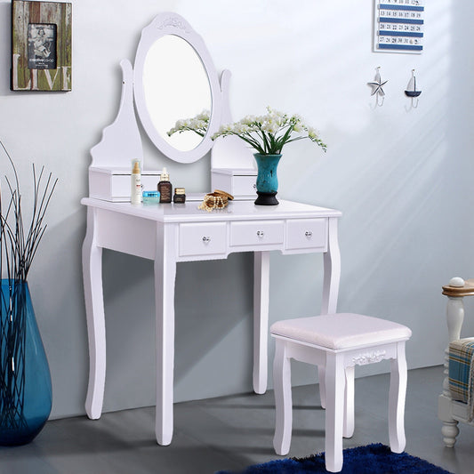 Wood Vanity Table Set with Rotating Oval Mirror, Drawers, and Comfort Stool – White Finish
