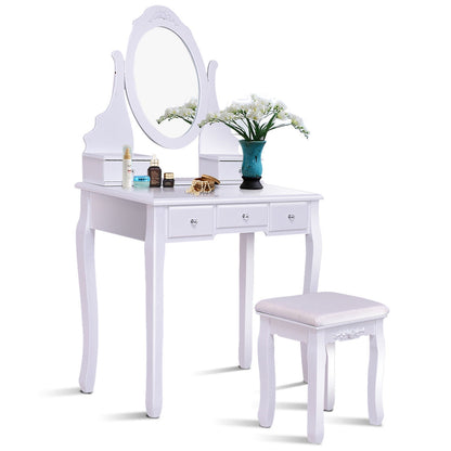 Wood Vanity Table Set with Rotating Oval Mirror, Drawers, and Comfort Stool – White Finish