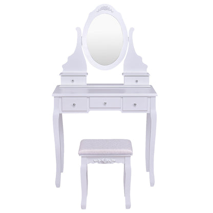Wood Vanity Table Set with Rotating Oval Mirror, Drawers, and Comfort Stool – White Finish