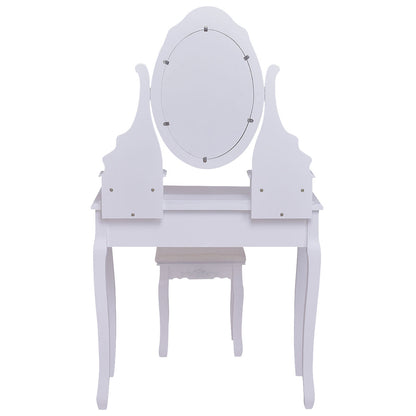 Wood Vanity Table Set with Rotating Oval Mirror, Drawers, and Comfort Stool – White Finish