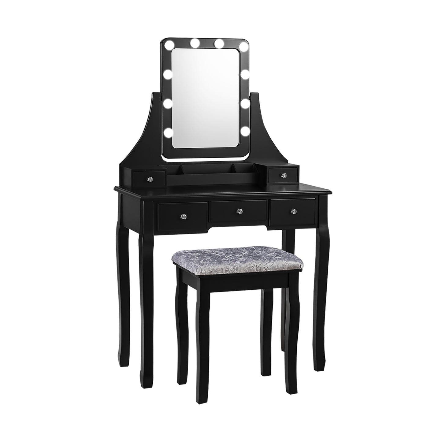 Vanity Set with 10 Dimmable LED Lights, Rotating Mirror, Storage Drawers & Stool – Black