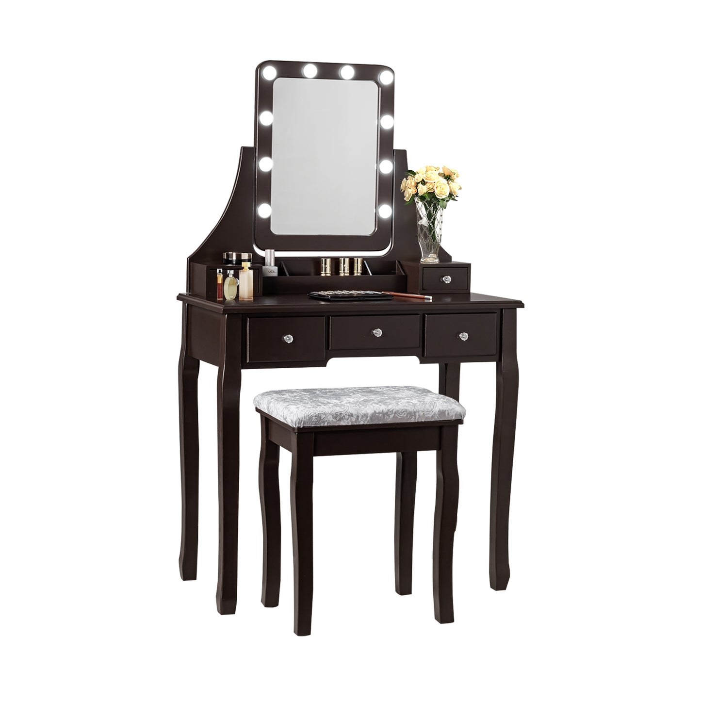 Vanity Set with 10 Dimmable LED Lights, Rotating Mirror, Storage Drawers & Stool – Brown
