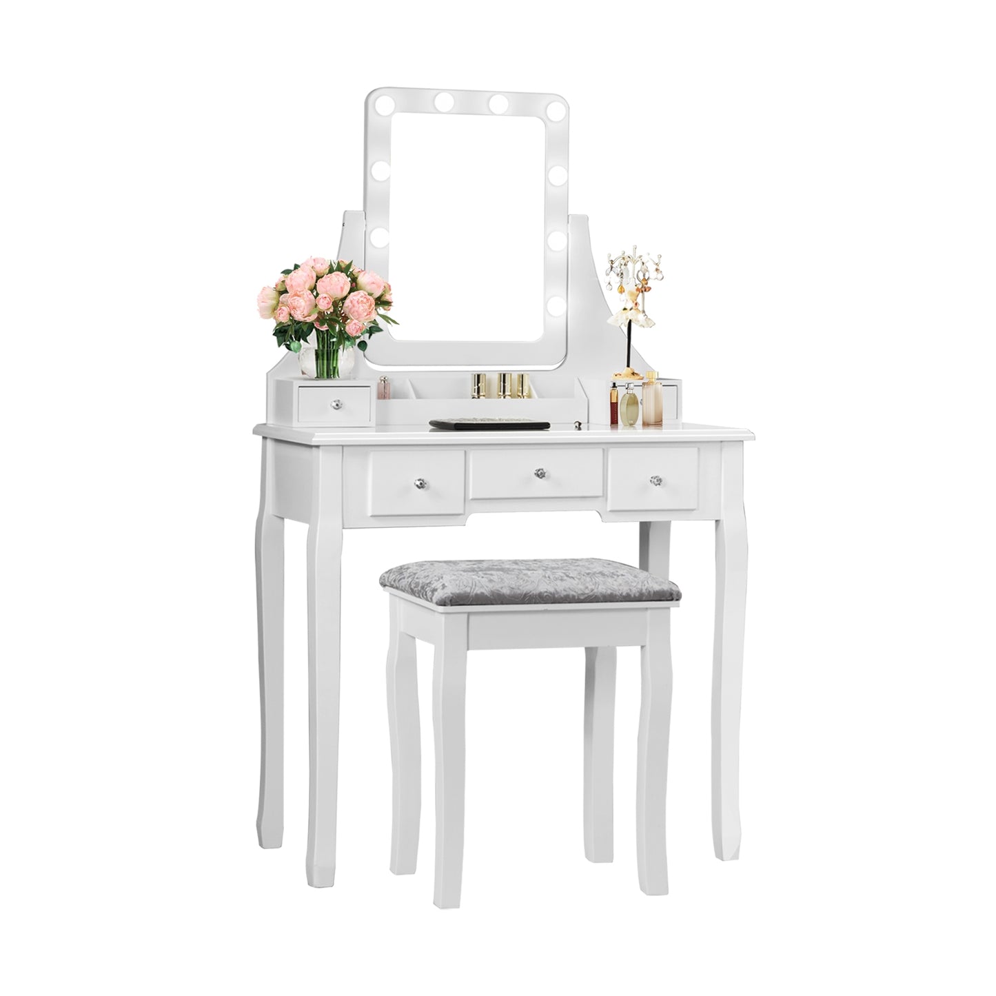 Vanity Set with 10 Dimmable LED Lights, Rotating Mirror, Storage Drawers & Stool – White