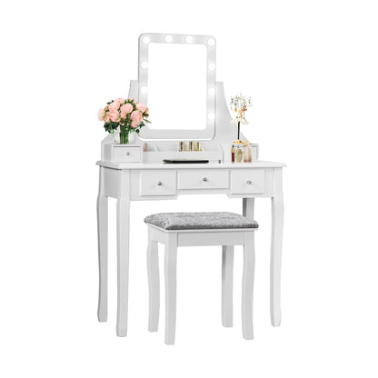 Vanity Set with 10 Dimmable LED Lights, Rotating Mirror, Storage Drawers & Stool – White