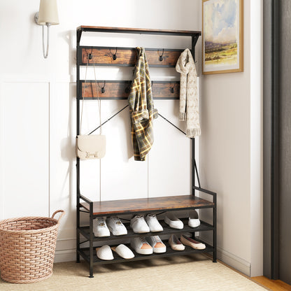 4-in-1 Hall Tree with Coat Rack, Shoe Bench, Storage Shelves, and 11 Hooks – Rustic Brown