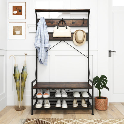 4-in-1 Hall Tree with Coat Rack, Shoe Bench, Storage Shelves, and 11 Hooks – Rustic Brown