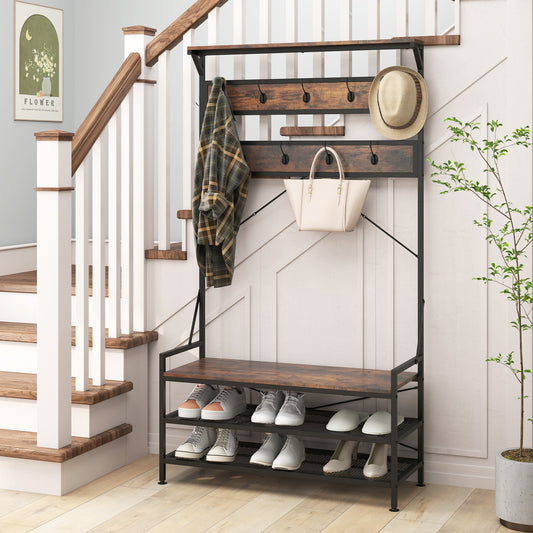 4-in-1 Hall Tree with Coat Rack, Shoe Bench, Storage Shelves, and 11 Hooks – Rustic Brown
