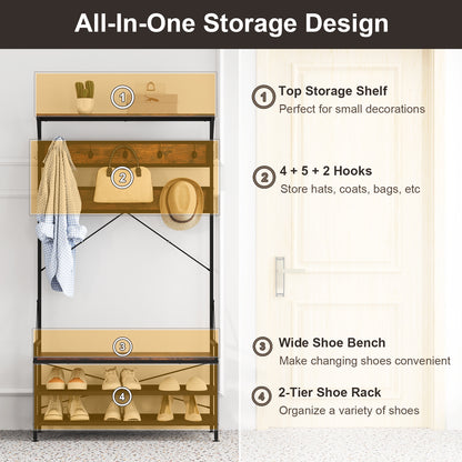 4-in-1 Hall Tree with Coat Rack, Shoe Bench, Storage Shelves, and 11 Hooks – Rustic Brown