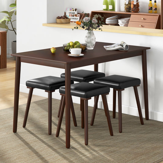 5 Piece Dining Set with Upholstered Stools and Solid Rubber Wood Legs for Kitchen or Dining Room