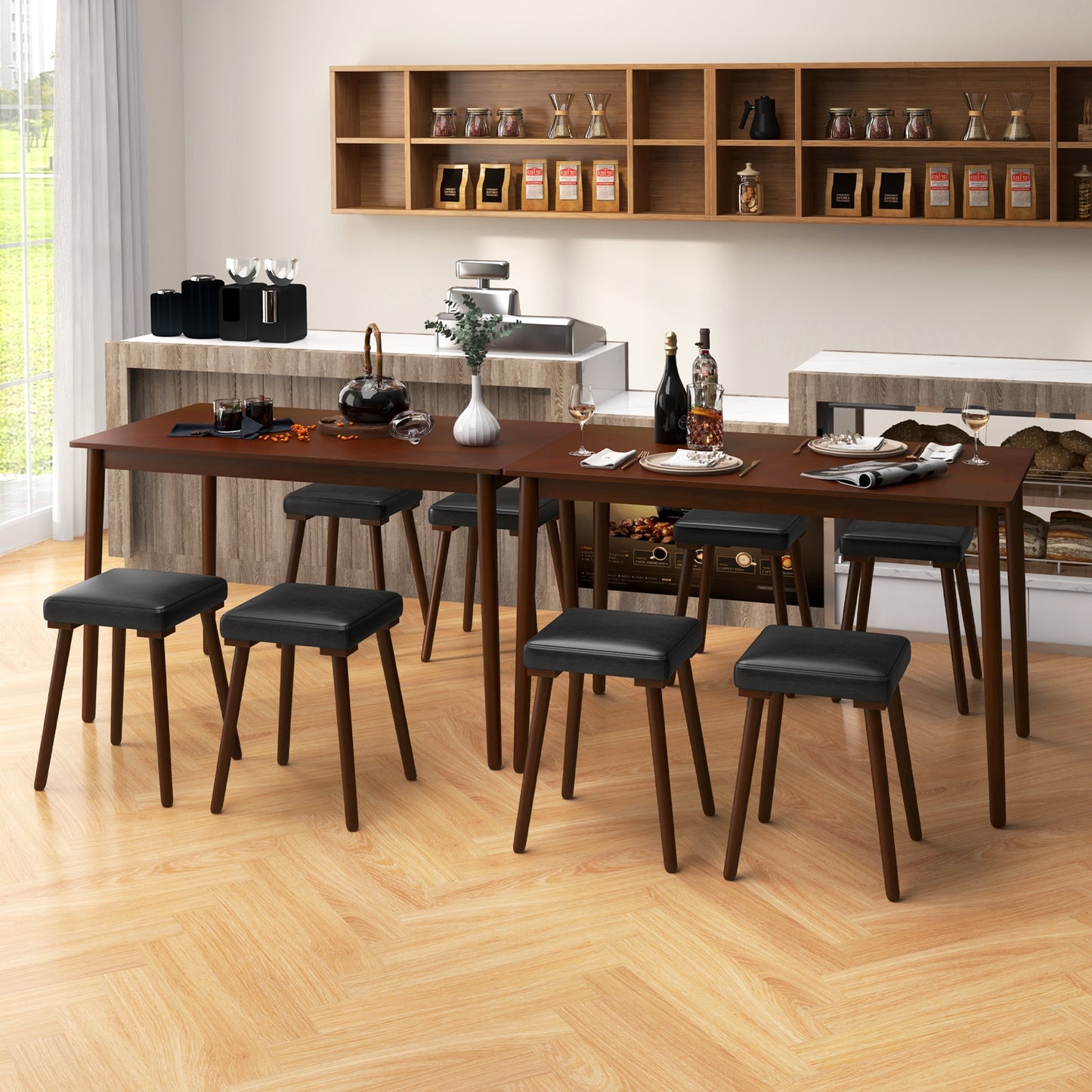 5 Piece Dining Set with Upholstered Stools and Solid Rubber Wood Legs for Kitchen or Dining Room