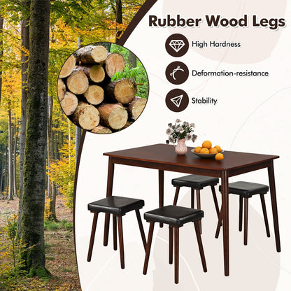 5 Piece Dining Set with Upholstered Stools and Solid Rubber Wood Legs for Kitchen or Dining Room