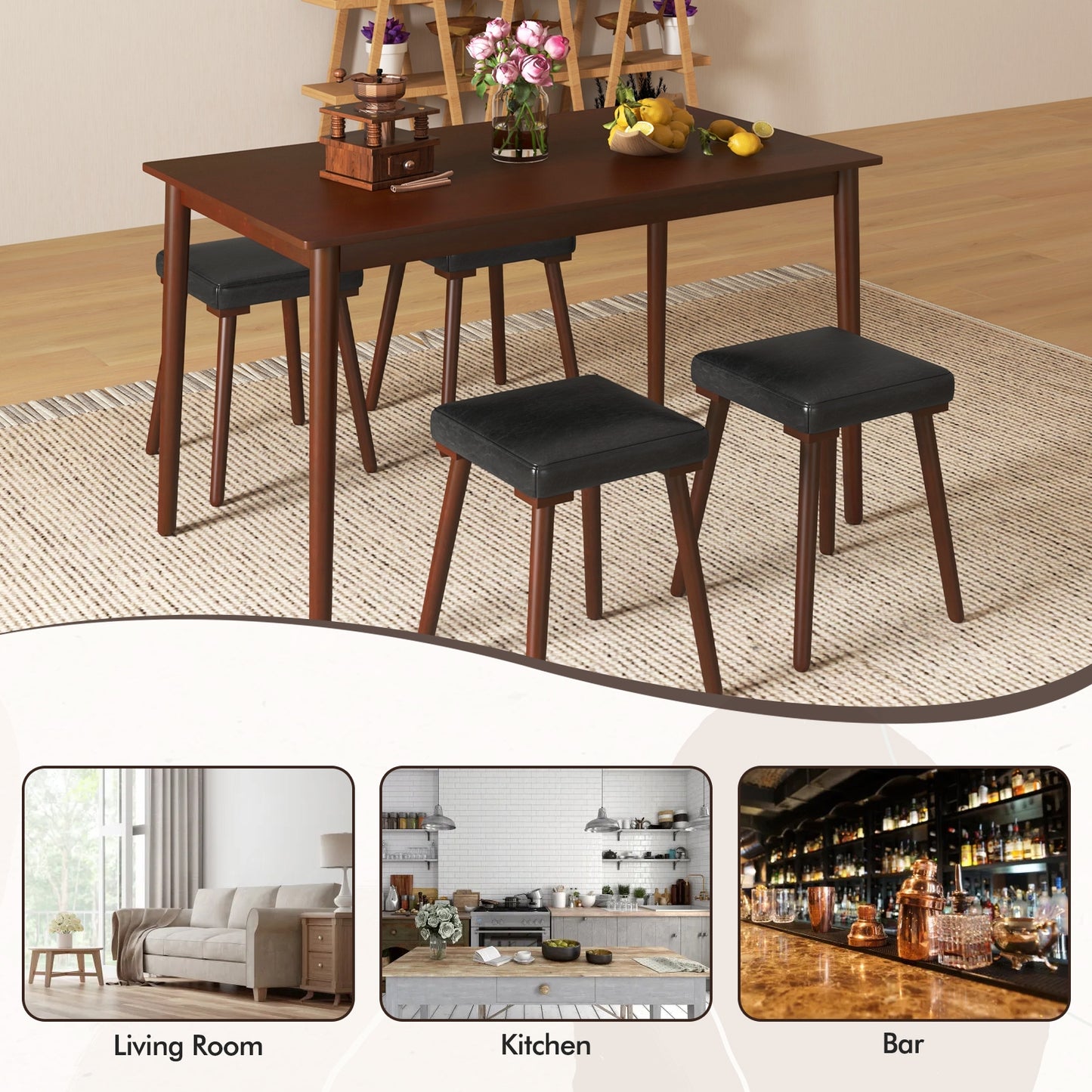 5 Piece Dining Set with Upholstered Stools and Solid Rubber Wood Legs for Kitchen or Dining Room