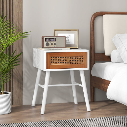 Mid-Century Rattan Nightstand with Drawer and Solid Wood Legs Accent Bedside Table