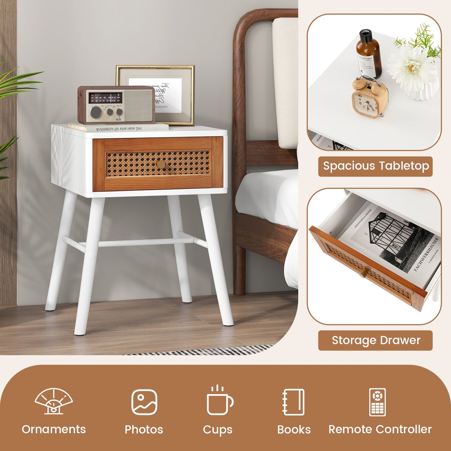 Mid-Century Rattan Nightstand with Drawer and Solid Wood Legs Accent Bedside Table