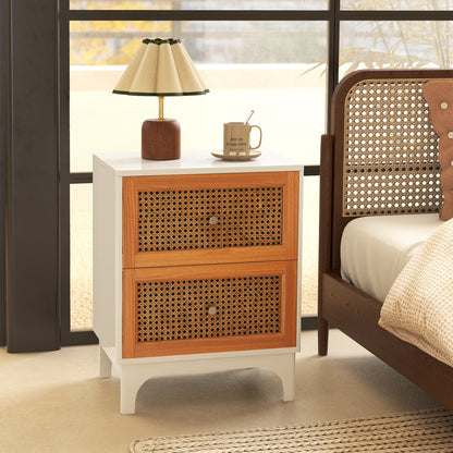 Boho Rattan Nightstand with 2 Drawers and Solid Wood Legs Accent Table