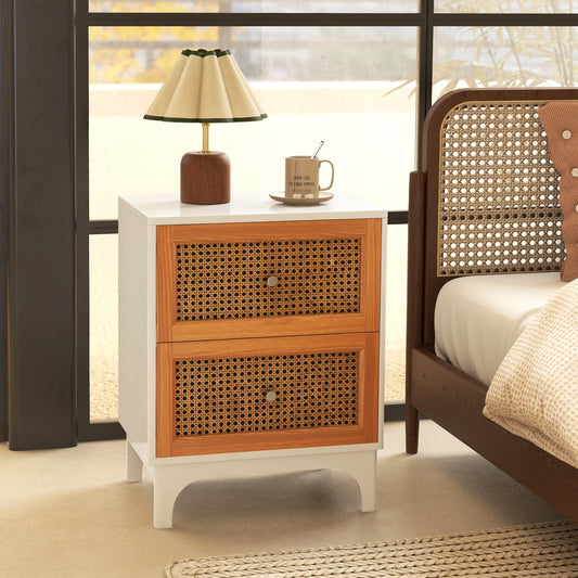 Boho Rattan Nightstand with 2 Drawers and Solid Wood Legs Accent Table