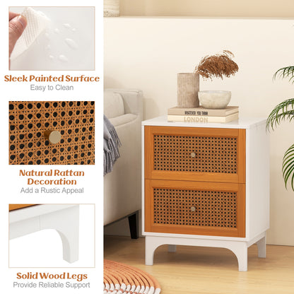 Boho Rattan Nightstand with 2 Drawers and Solid Wood Legs Accent Table