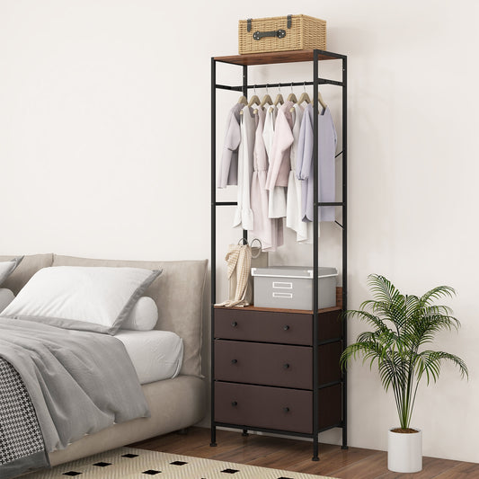 Metal Freestanding Closet Organizer with Woven Drawers and Adjustable Hanging Rod