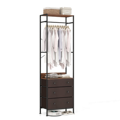 Metal Freestanding Closet Organizer with Woven Drawers and Adjustable Hanging Rod