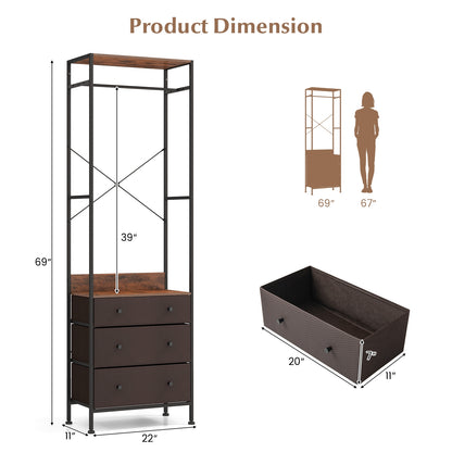 Metal Freestanding Closet Organizer with Woven Drawers and Adjustable Hanging Rod