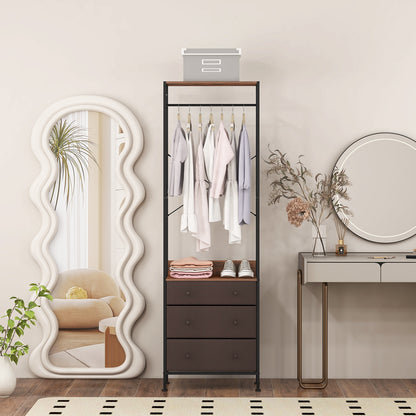Metal Freestanding Closet Organizer with Woven Drawers and Adjustable Hanging Rod