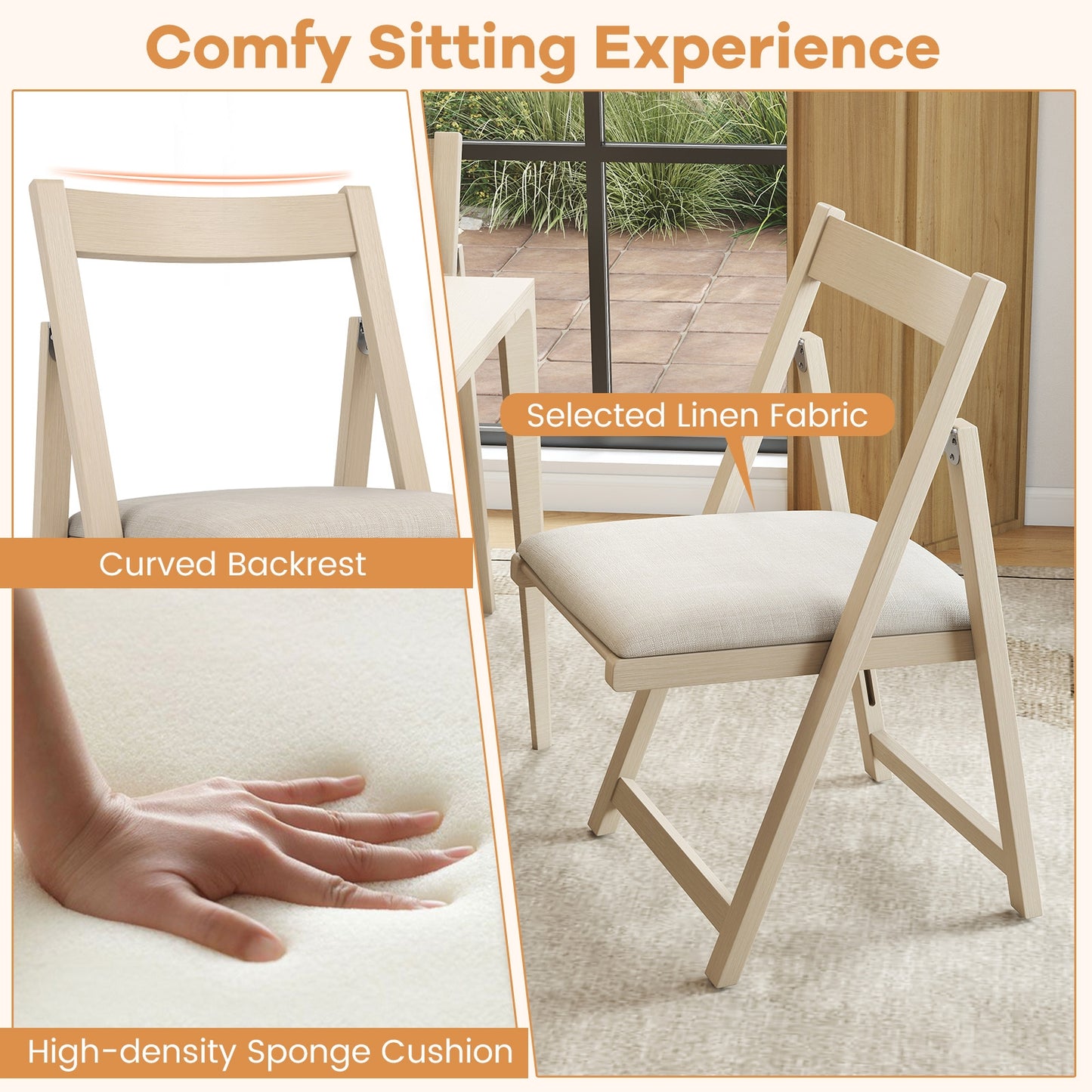 Set of 4 Folding Upholstered Dining Chairs with Curved Backrest in Beige