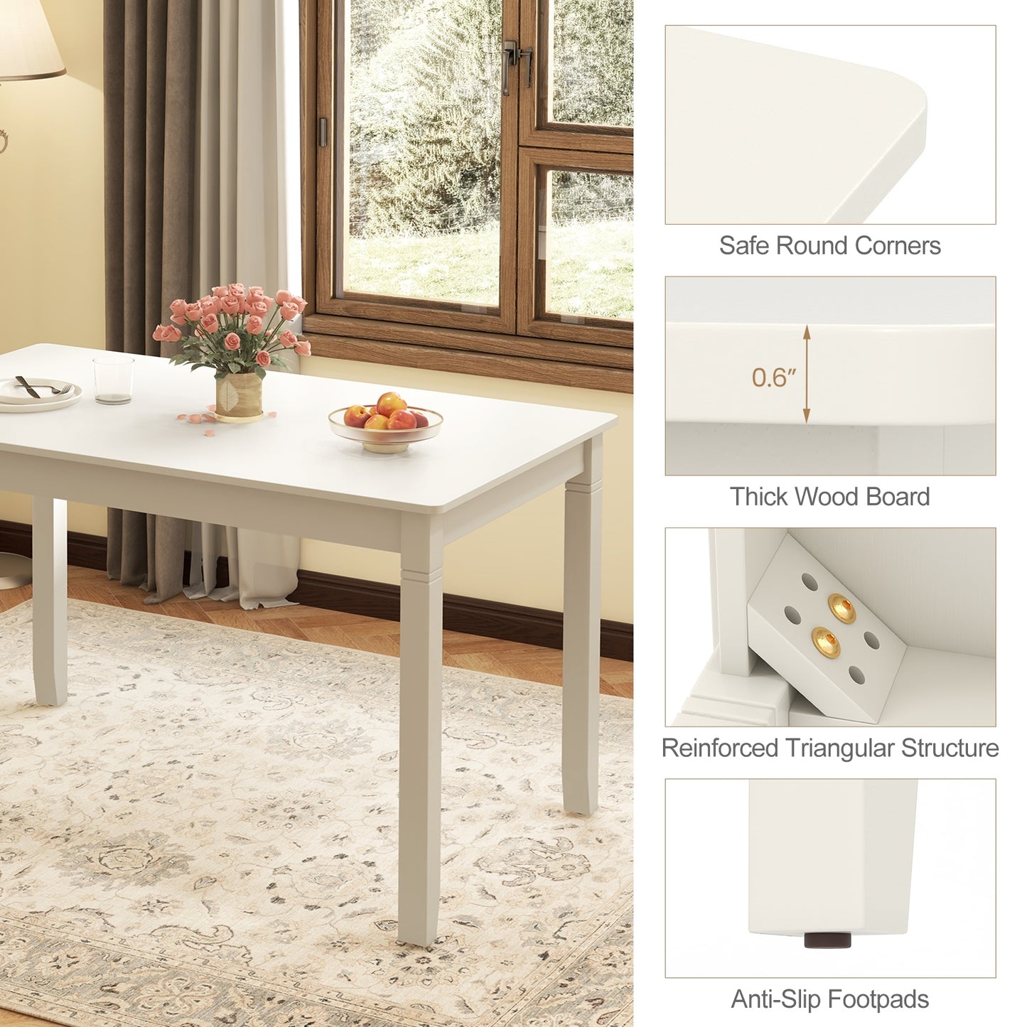 48 Inch Rectangular Wooden Dining Table for 4 with Solid Rubber Wood Legs in White Finish