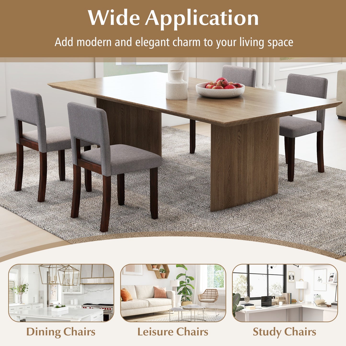 Modern Wooden Dining Chairs with Acacia Wood Frame and Padded Linen Seat and Back - Grey, Set of 2