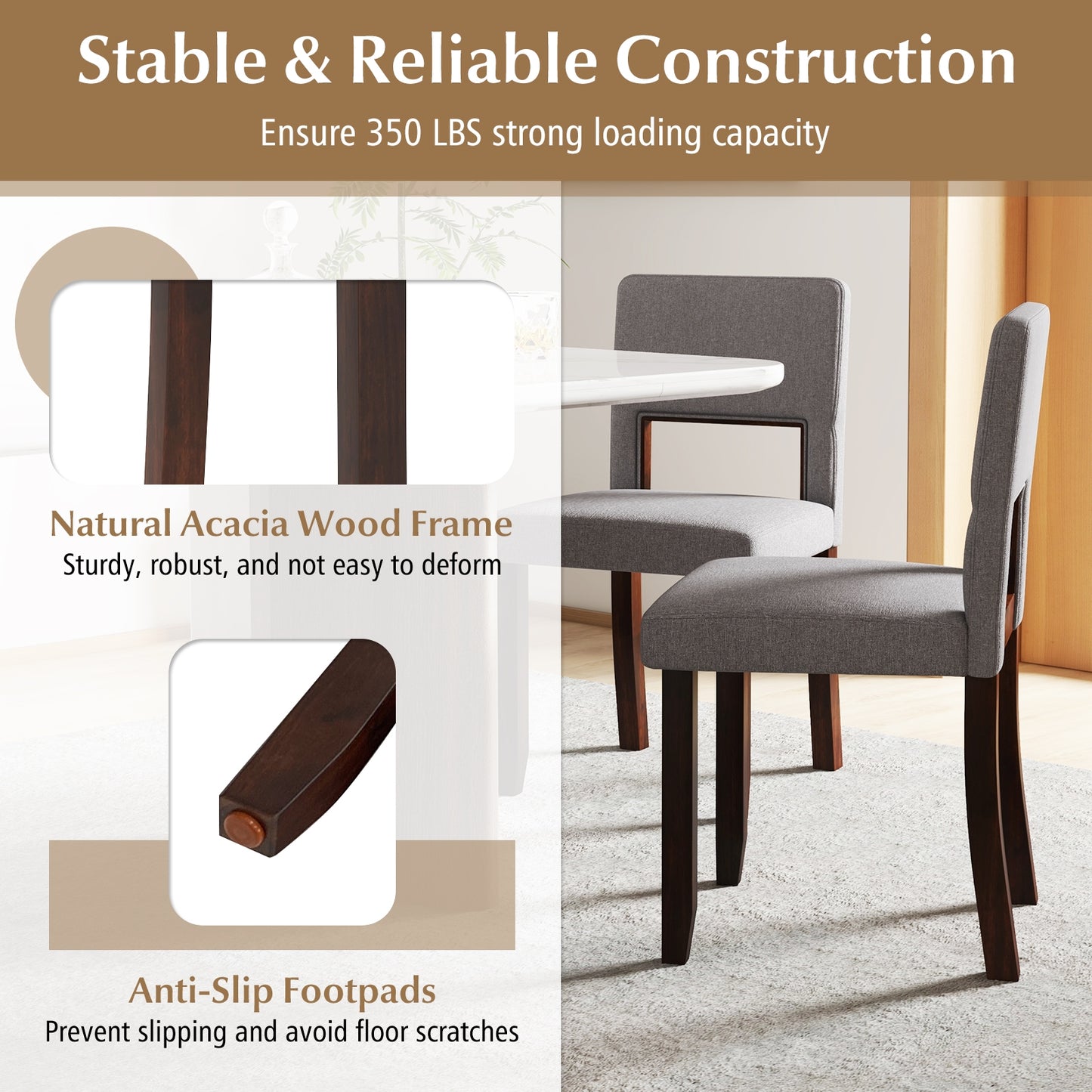Modern Wooden Dining Chairs with Acacia Wood Frame and Padded Linen Seat and Back - Grey, Set of 2