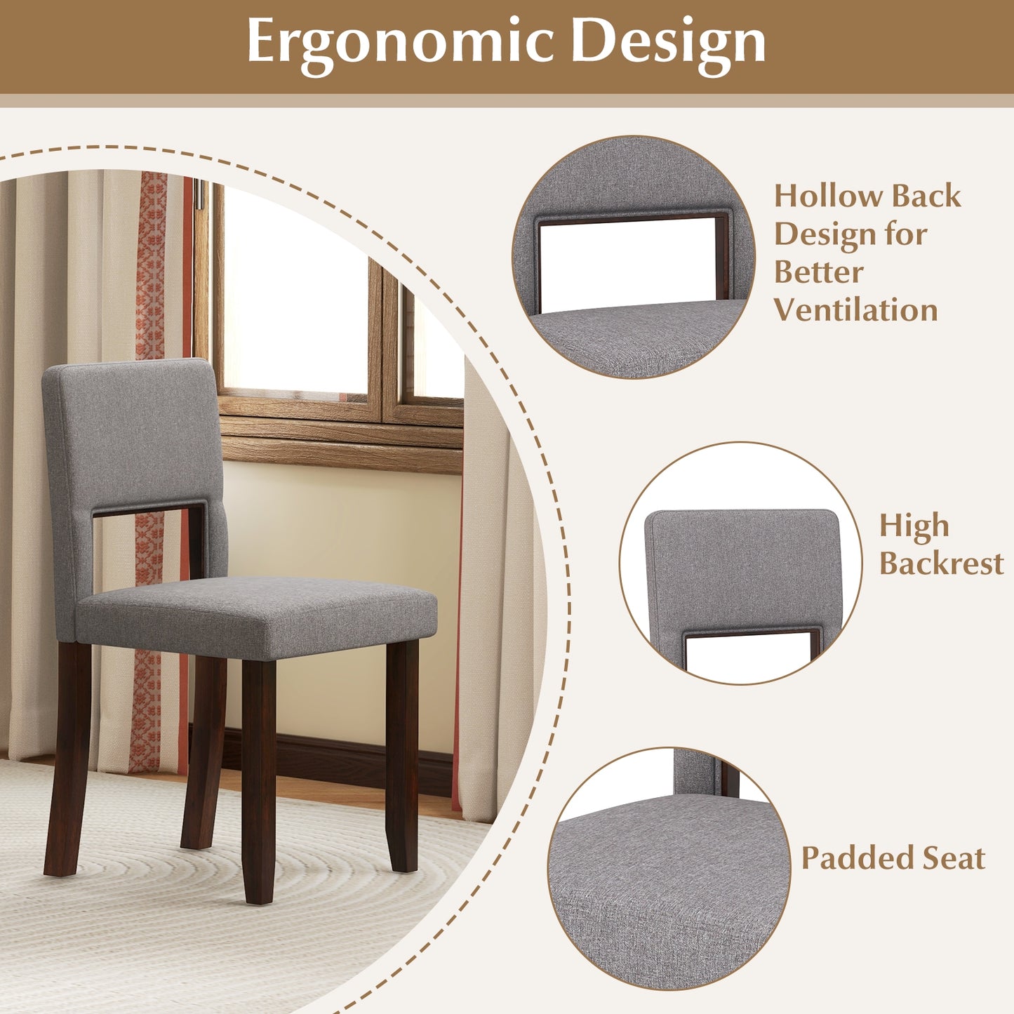 Modern Wooden Dining Chairs with Acacia Wood Frame and Padded Linen Seat and Back - Grey, Set of 2
