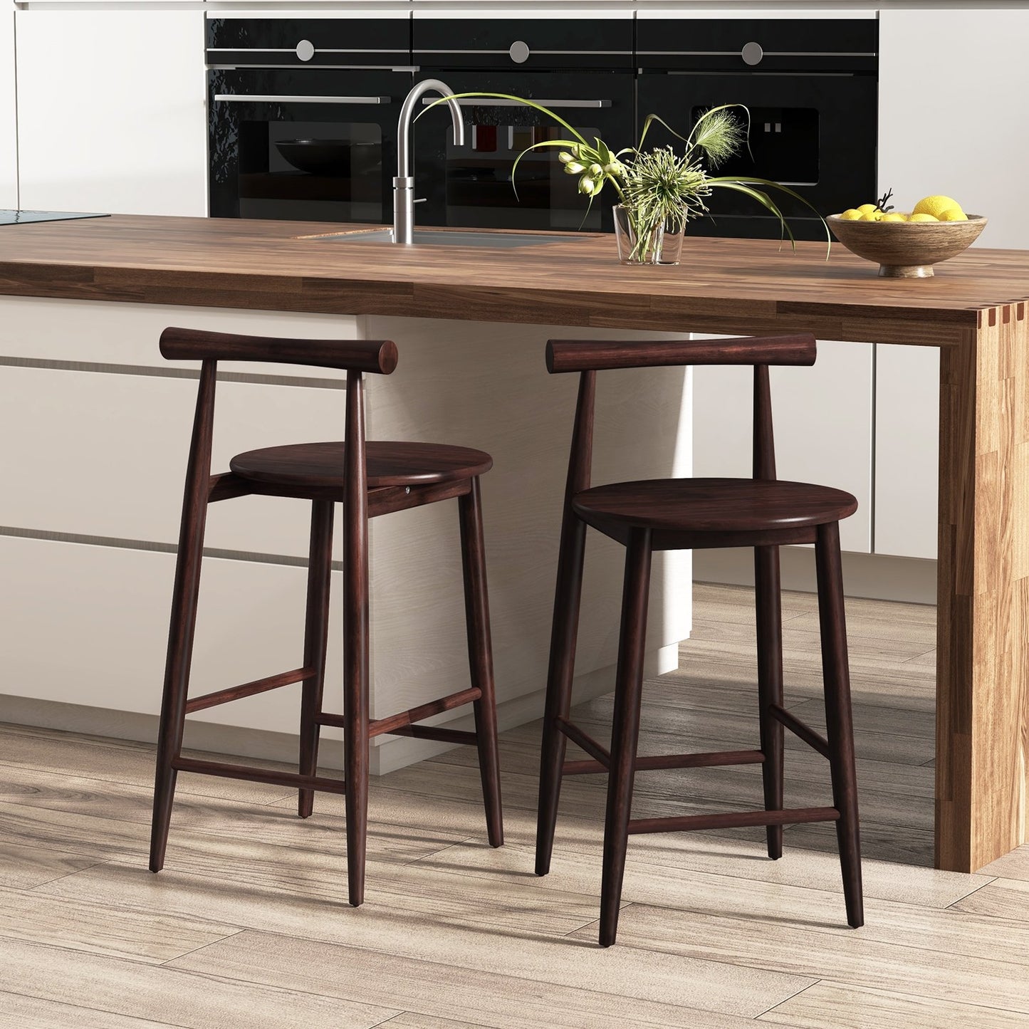 Counter Height Kitchen Island Chairs with Acacia Wood Base and Comfortable 24" Seat – Brown, Set of 2