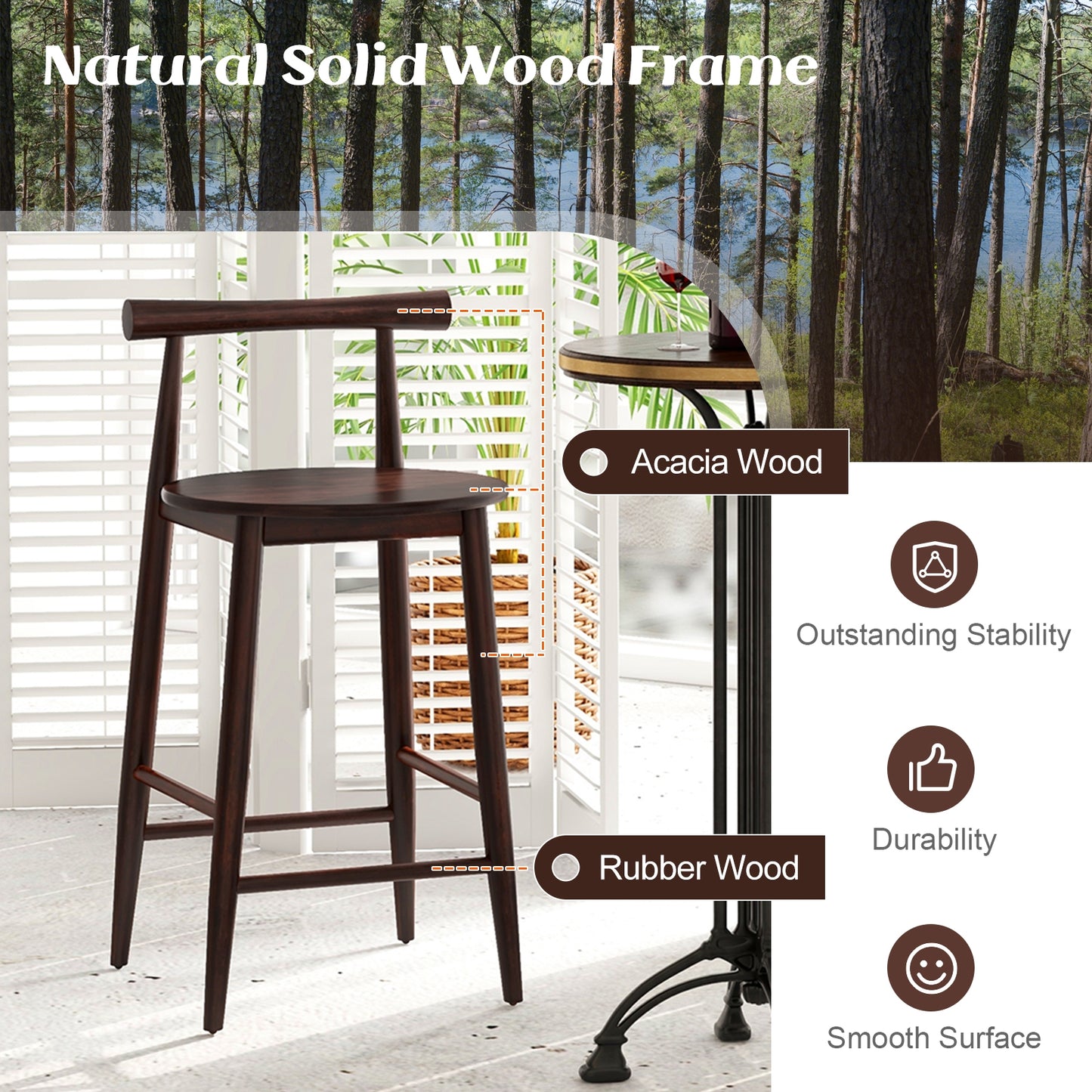 Counter Height Kitchen Island Chairs with Acacia Wood Base and Comfortable 24" Seat – Brown, Set of 2
