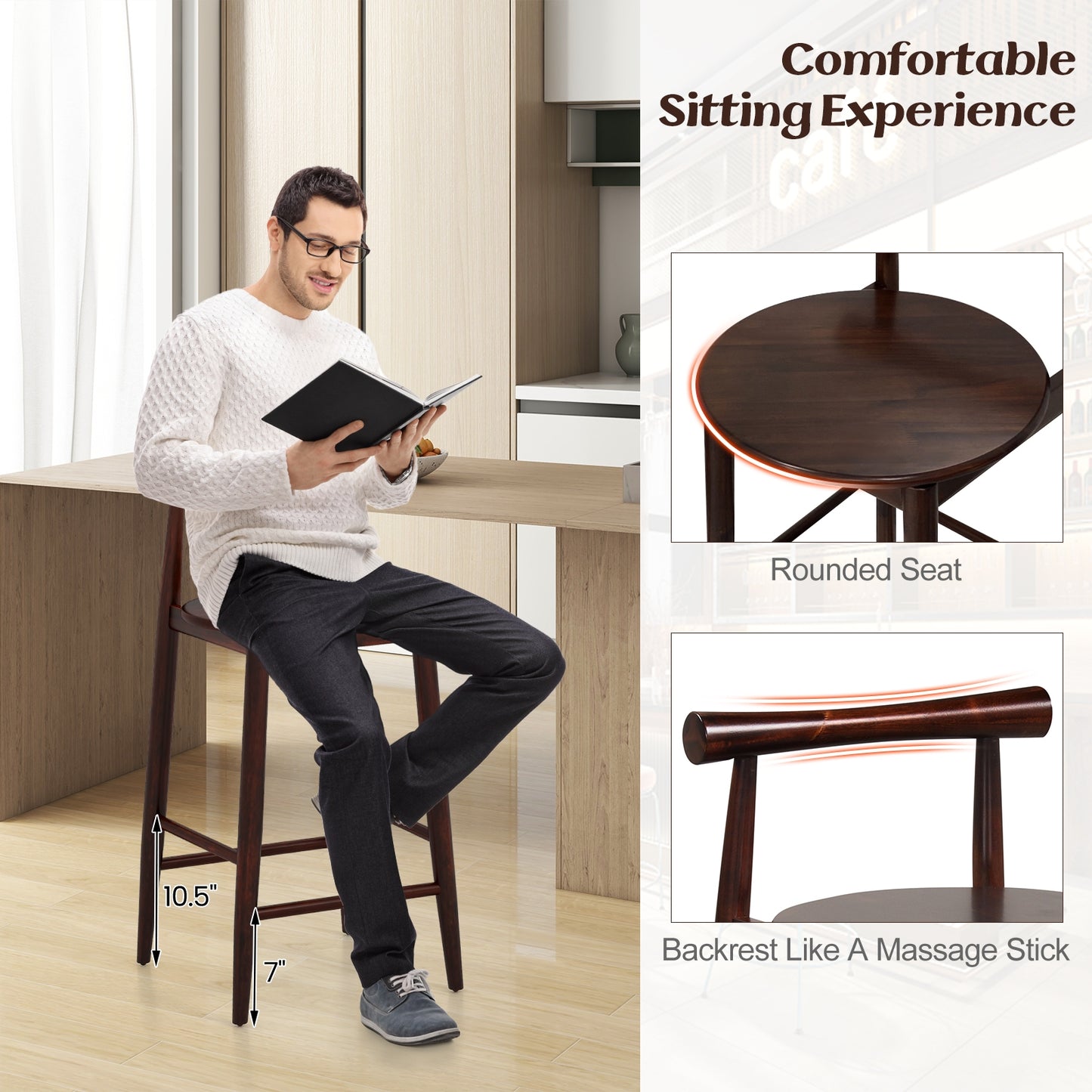 Counter Height Kitchen Island Chairs with Acacia Wood Base and Comfortable 24" Seat – Brown, Set of 2